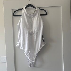 Fashion Nova White High-Neck Zip One-Piece Swimsuit